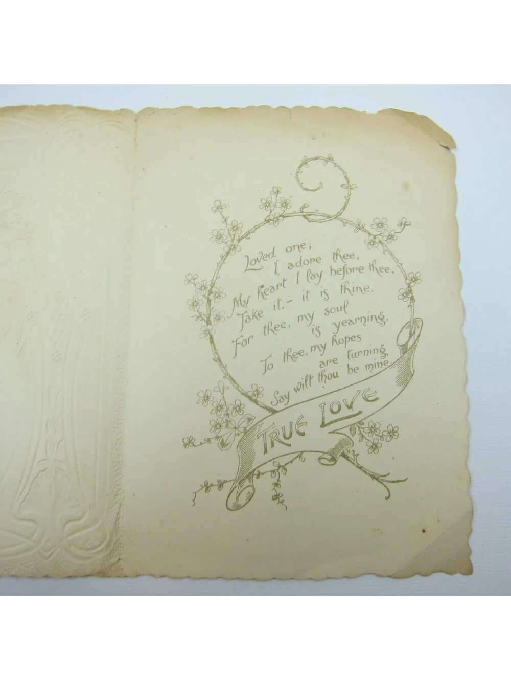 Valentine Card Girl Bonnet Yellow Dress Flowers Embossed Die cut Bifold Antique